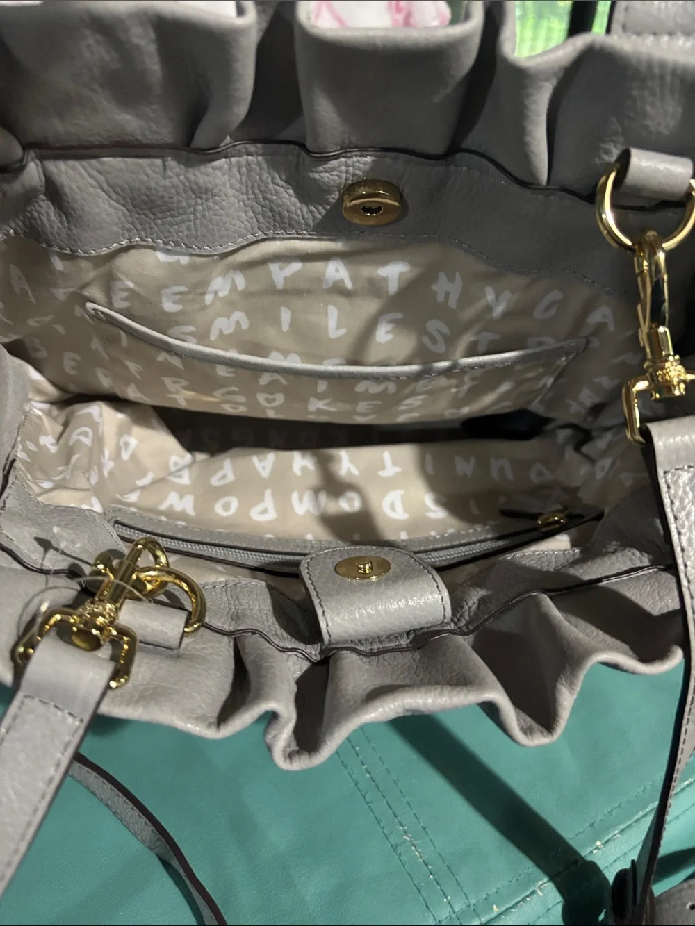 Aimee Kestenberg Teal Leather Tote with Stitch Detail
